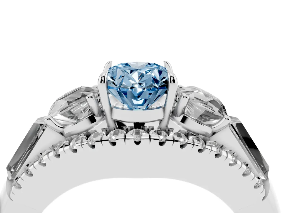 Fancy Blue Three-Stone Oval Cut Diamond Engagement Ring with Pave Band and Prong Setting Silver