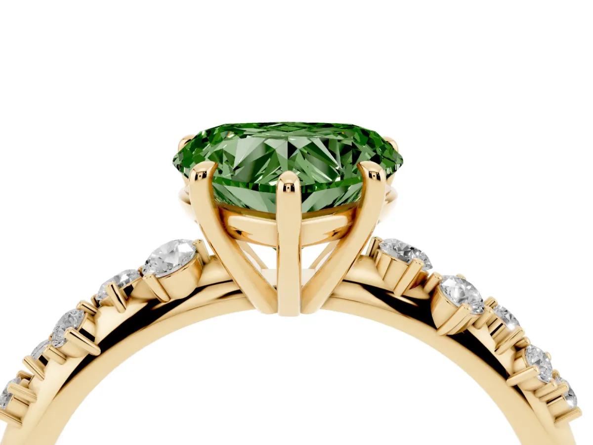 Fancy Green Heart Cut Diamond Cluster Side Stone Solitaire Ring with Prong Setting Yellow gold