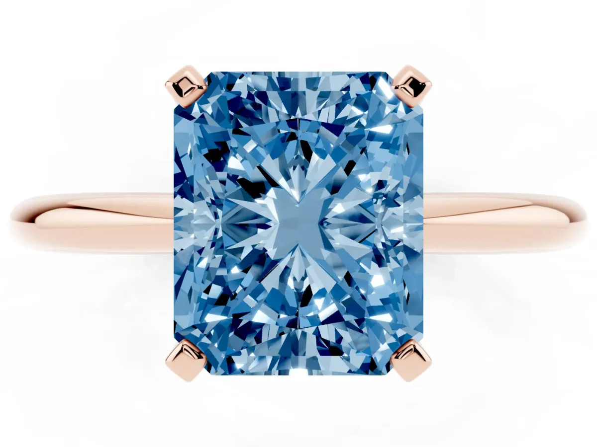 Fancy Blue Radiant Cut Diamond Solitaire Ring with Prong Setting and Classic Band Rose gold