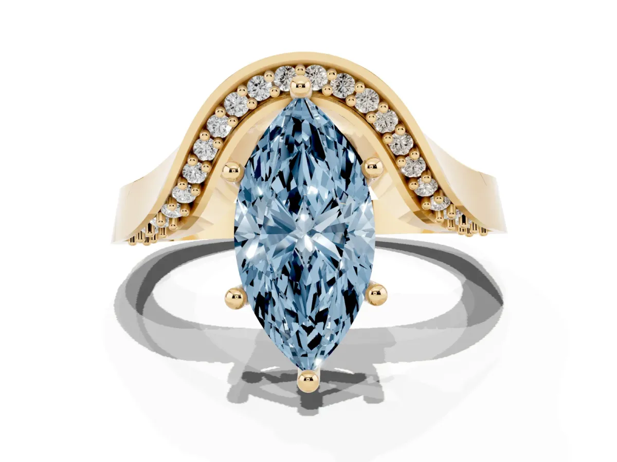 Fancy Blue Marquise Cut Solitaire Diamond Engagement Ring with Pave Band and Four-Prong Setting Yellow gold