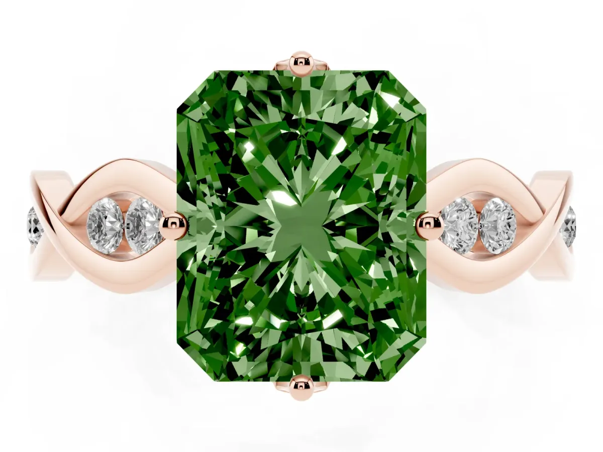 Fancy Green Radiant Cut Solitaire Twist Band with Leaf Prong Setting Rose gold