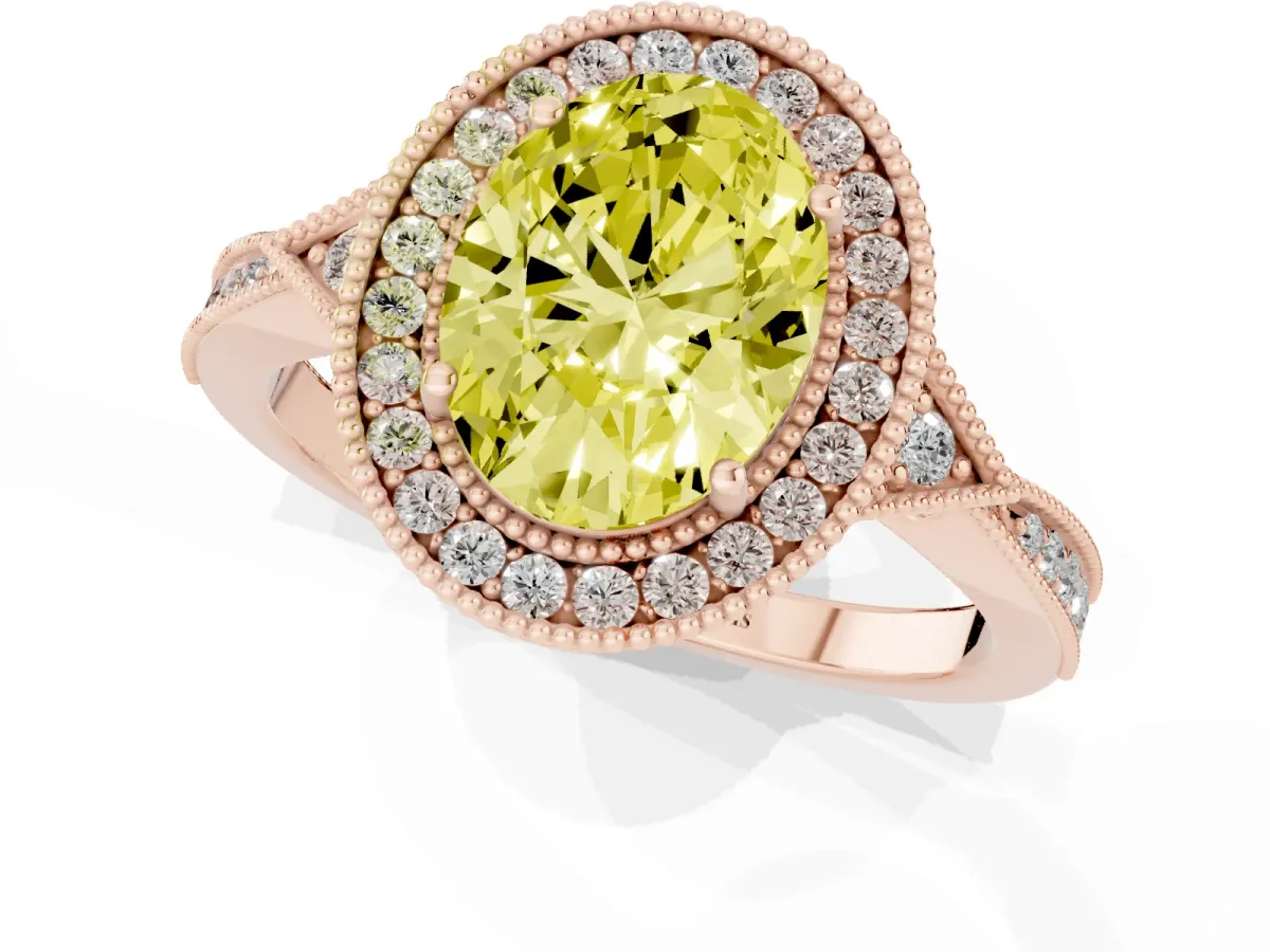 Fancy Yellow Oval Cut Halo Round Diamond Milgrain Pave Engagement Ring Rose gold