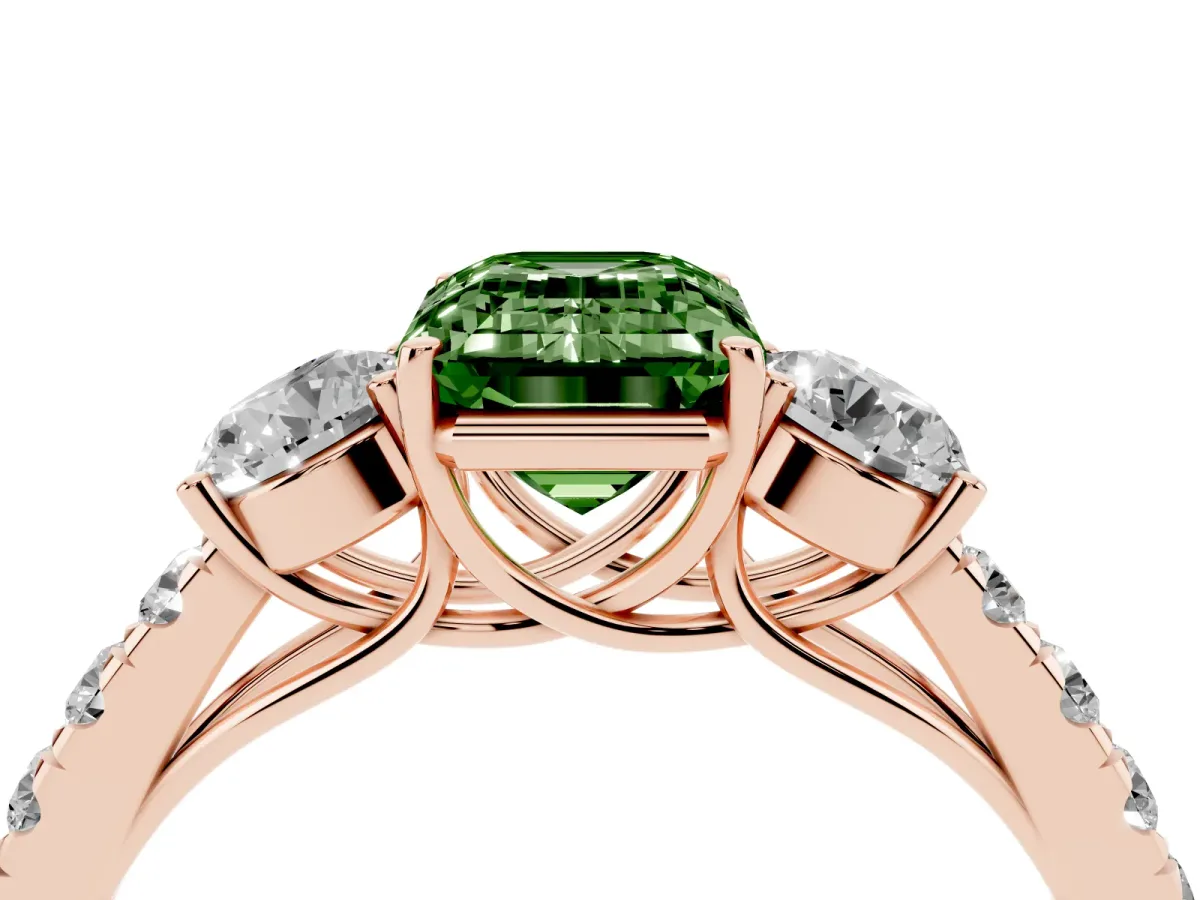 Fancy Green Emerald Cut Cut Diamond Three-Stone Ring with Round Side Stones and Pavé Band Rose gold