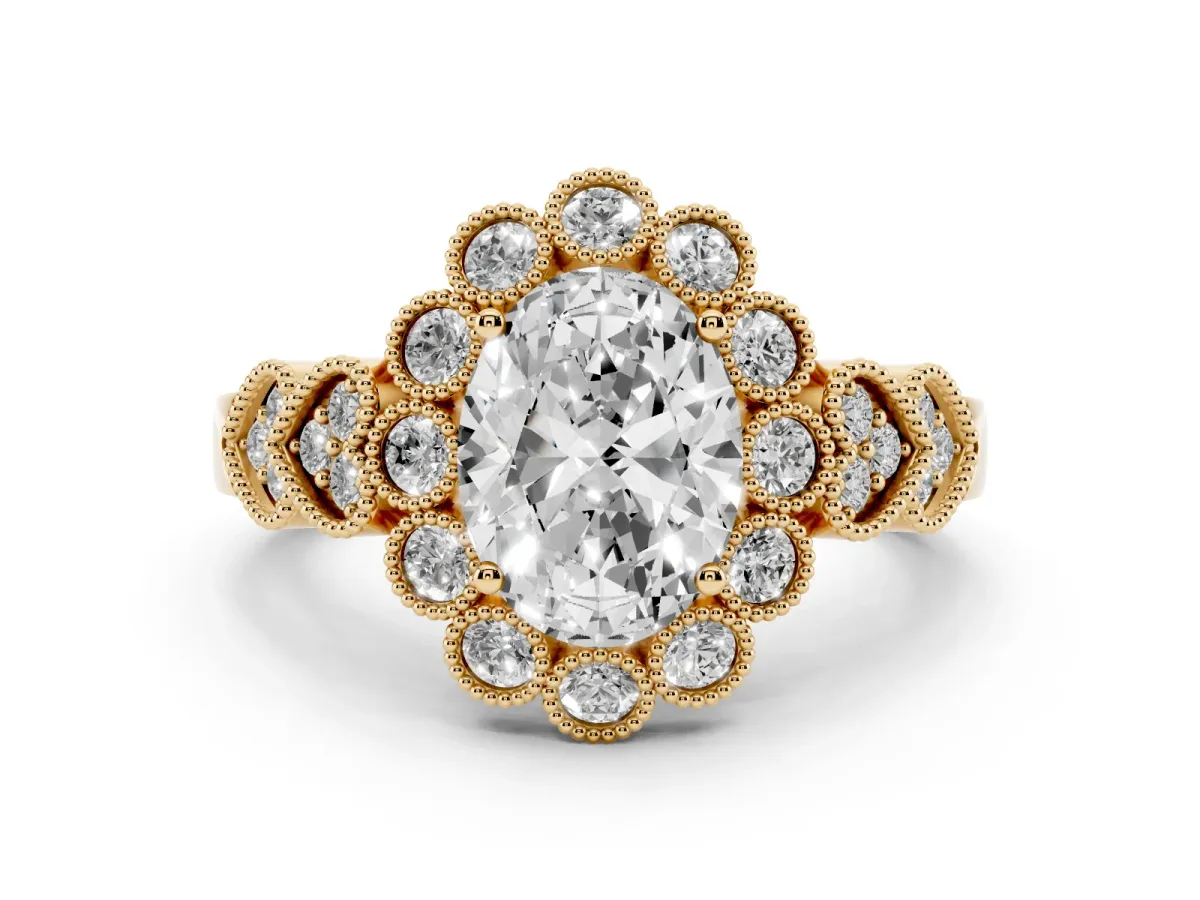 Oval Cut Brilliant Milgrain Pave Heart Band Solitaire Ring Yellow gold