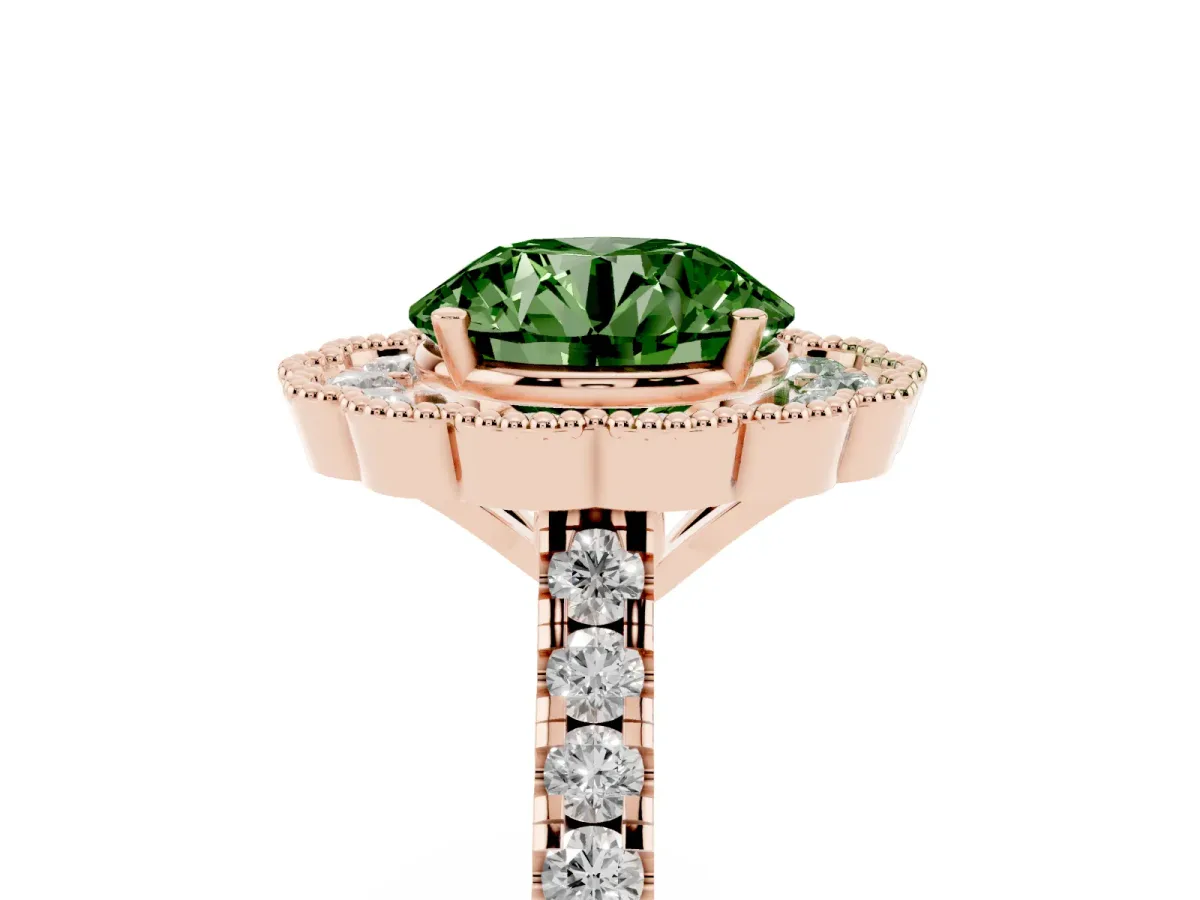 Fancy Green Round Cut Cut Diamond Milgrain Floral Halo Engagement Ring with Pavé Band Rose gold