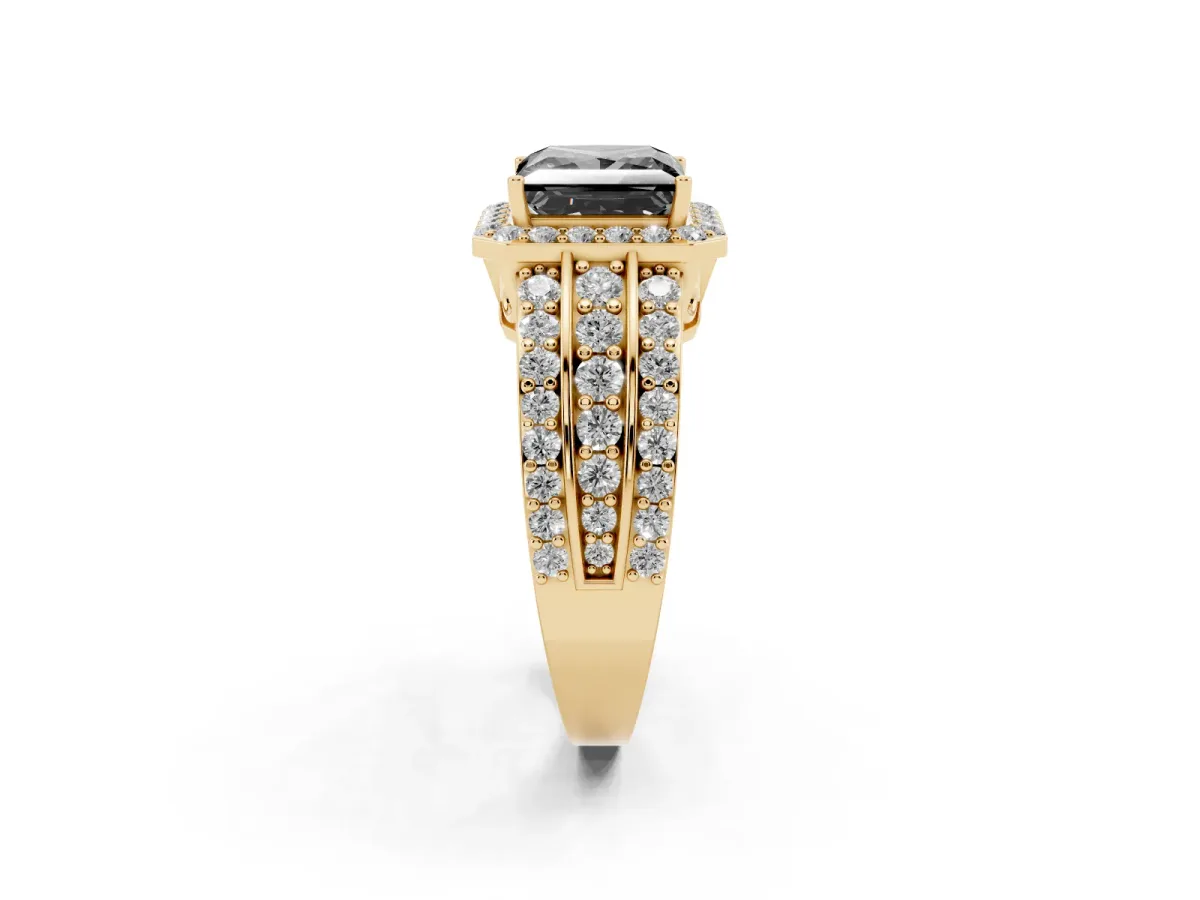 Fancy Black Princess Cut Halo Diamond Ring with Round Split Shank and Prong Setting Yellow gold