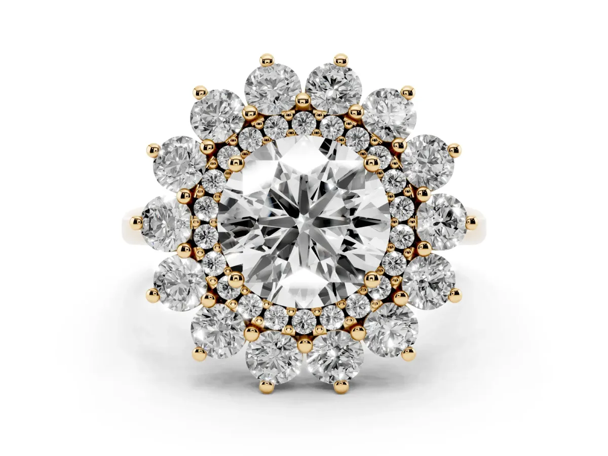 Round Cut Diamond Floral Double Halo Engagement Ring with Prong Setting Yellow gold
