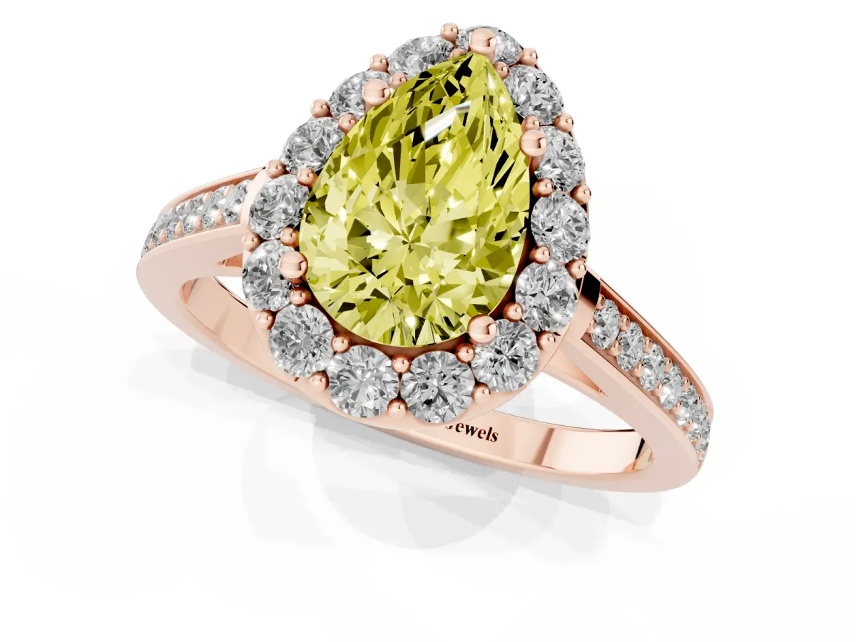 Fancy Yellow Pear Cut Diamond Floral Halo Ring with Pavé Band and Prong Setting Rose gold