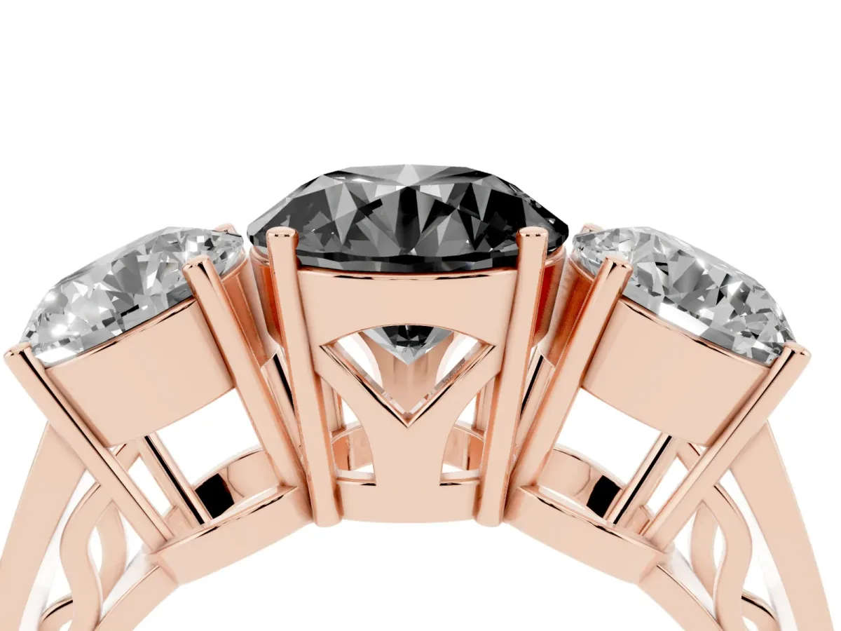 Fancy Black Round Cut Diamond Three-Stone Ring with Prong Setting and Textured Band Rose gold