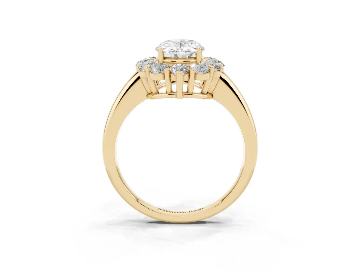 Oval Cut Halo Cluster Diamond Engagement Ring with Prong Setting and Polished Band Yellow gold