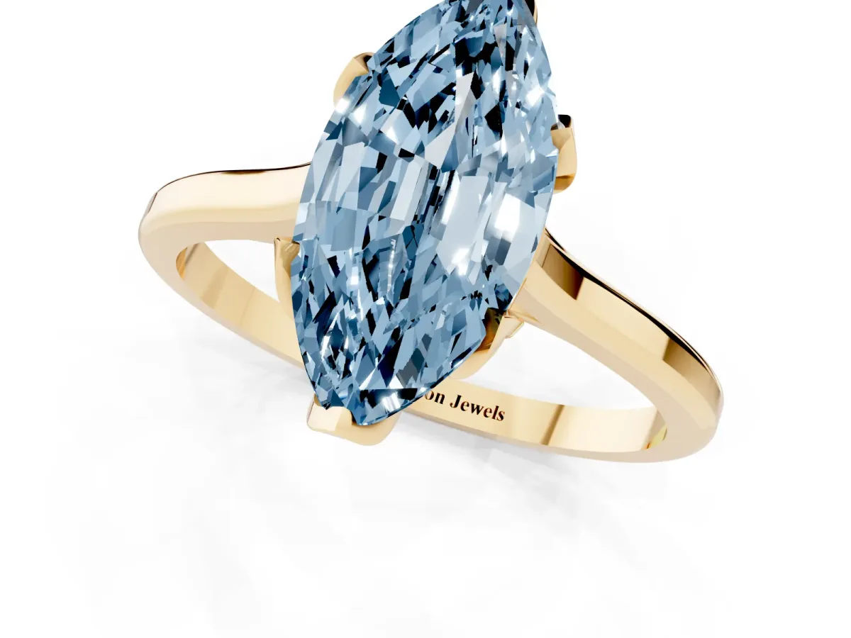 Fancy Blue Marquise Cut Diamond Solitaire Ring with Flower Prong Setting and Classic Band Yellow gold