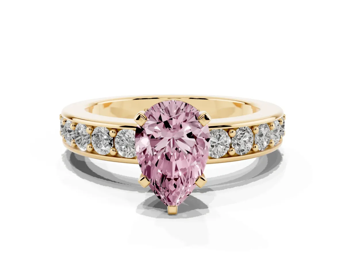 Fancy Pink Pear Cut Diamond Engagement Ring with Channel Set Round Band and Prong Setting Yellow gold