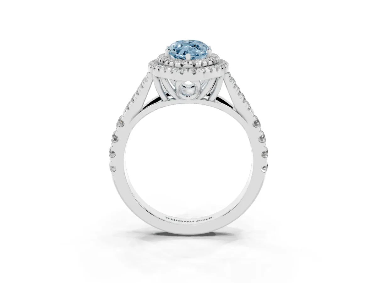 Fancy Blue Double Halo Marquise Cut Diamond Split Shank Engagement Ring with Four-Prong Setting Silver
