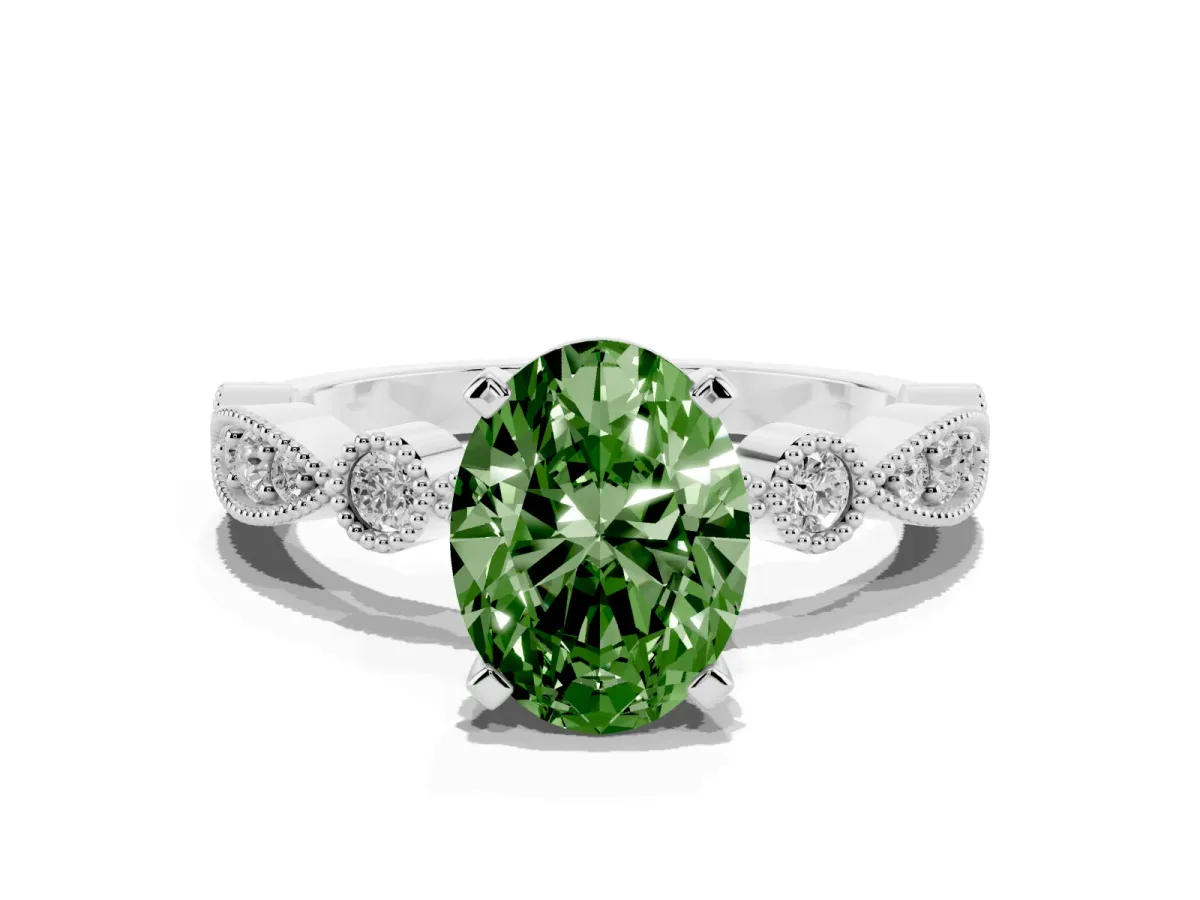 Fancy Green Oval Cut Milgrain Bezel Diamond Engagement Ring with Solitaire Prong Setting Platinum