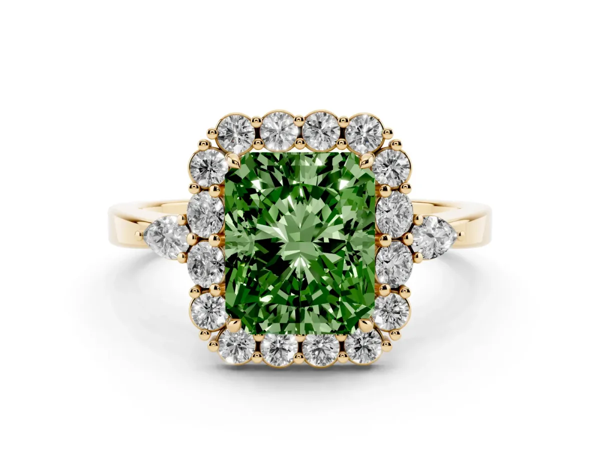 Fancy Green Radiant Cut Diamond Halo Ring with Pear Side Stones and Prong Setting Yellow gold