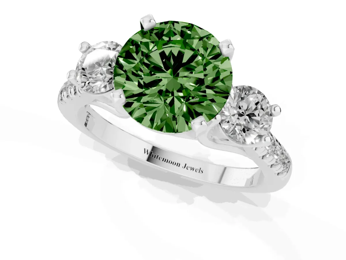 Fancy Green Three-Stone Round Cut Diamond Pavé Band with Four-Prong Setting Silver