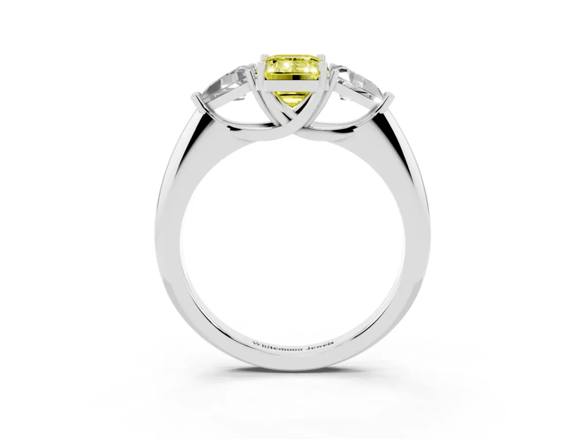 Fancy Yellow Three-Stone Emerald Cut Diamond Engagement Ring with Trillion Side Stones and Prong Setting White gold