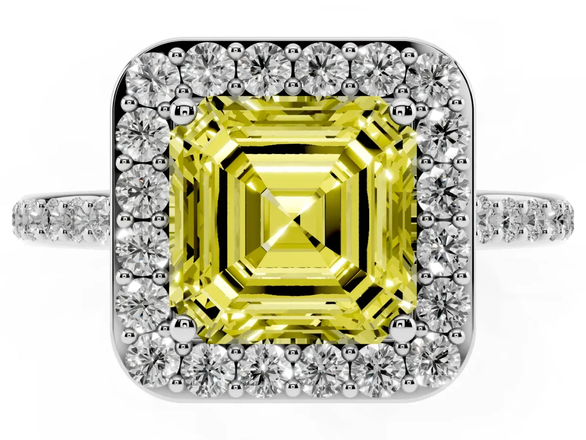 Fancy Yellow Asscher Cut Diamond Halo Engagement Ring with Round Pavé Shoulders and Prong Setting Silver