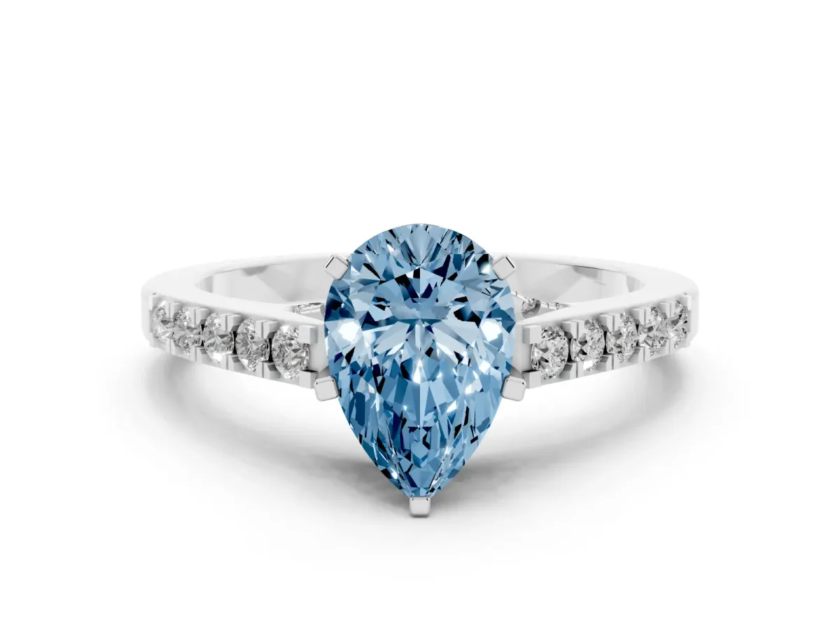 Fancy Blue Pear Cut Diamond Solitaire Ring with Crossover Gallery and Round Pavé Band Platinum