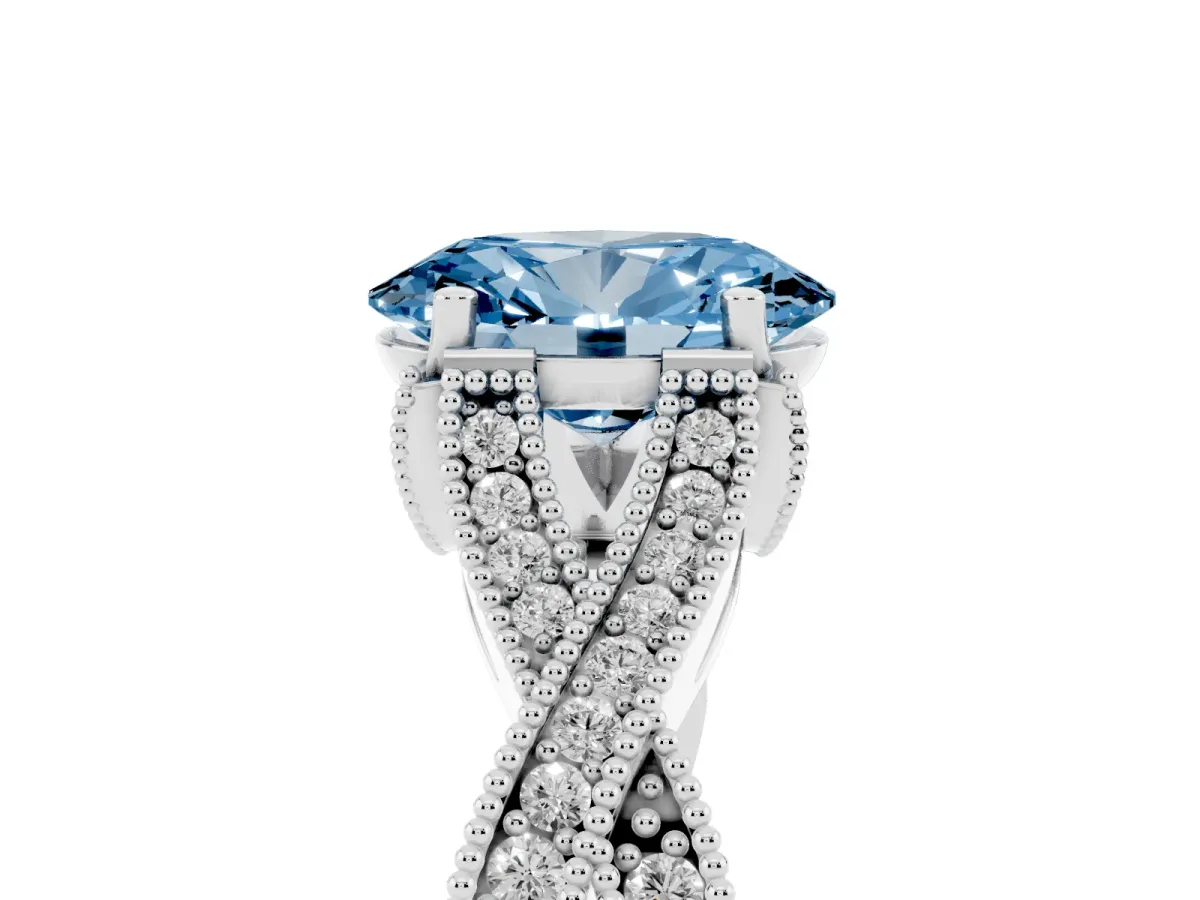 Fancy Blue Oval Cut Cut Diamond Twisted Band with Milgrain Pave Setting and Four-Prong Setting Silver