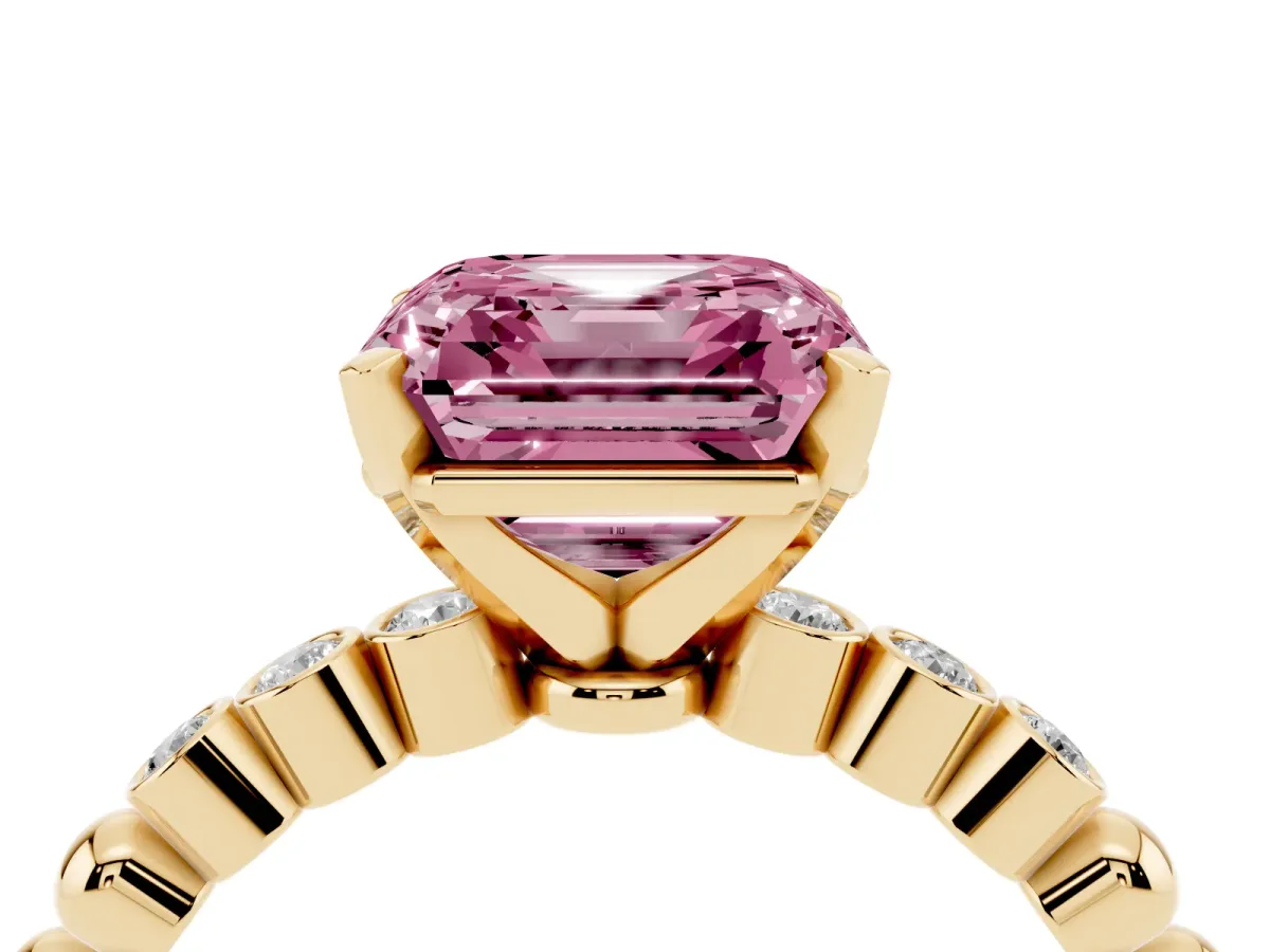Fancy Pink Asscher Cut Solitaire Bezel Accent Diamond Engagement Ring with Beaded Band and Four-Prong Setting Yellow gold