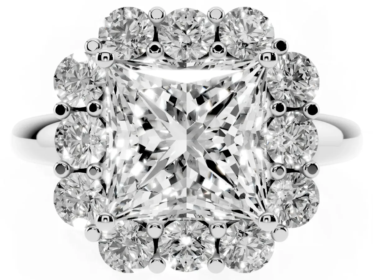 Princess Cut Halo Milgrain Solitaire with Bezel Set Side Stones and Pave Band Platinum