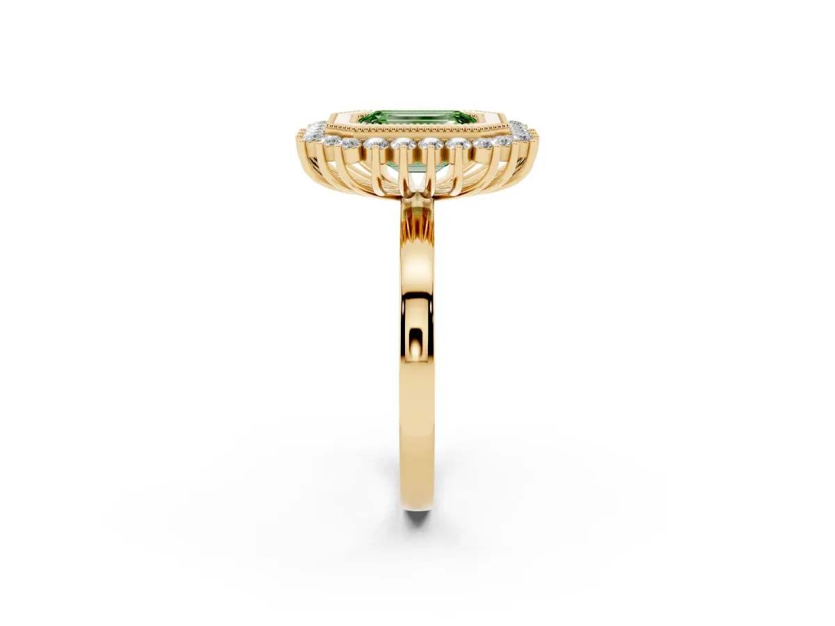 Fancy Green Emerald Cut Halo Diamond Ring with Milgrain Edge and Round Prong Setting Yellow gold