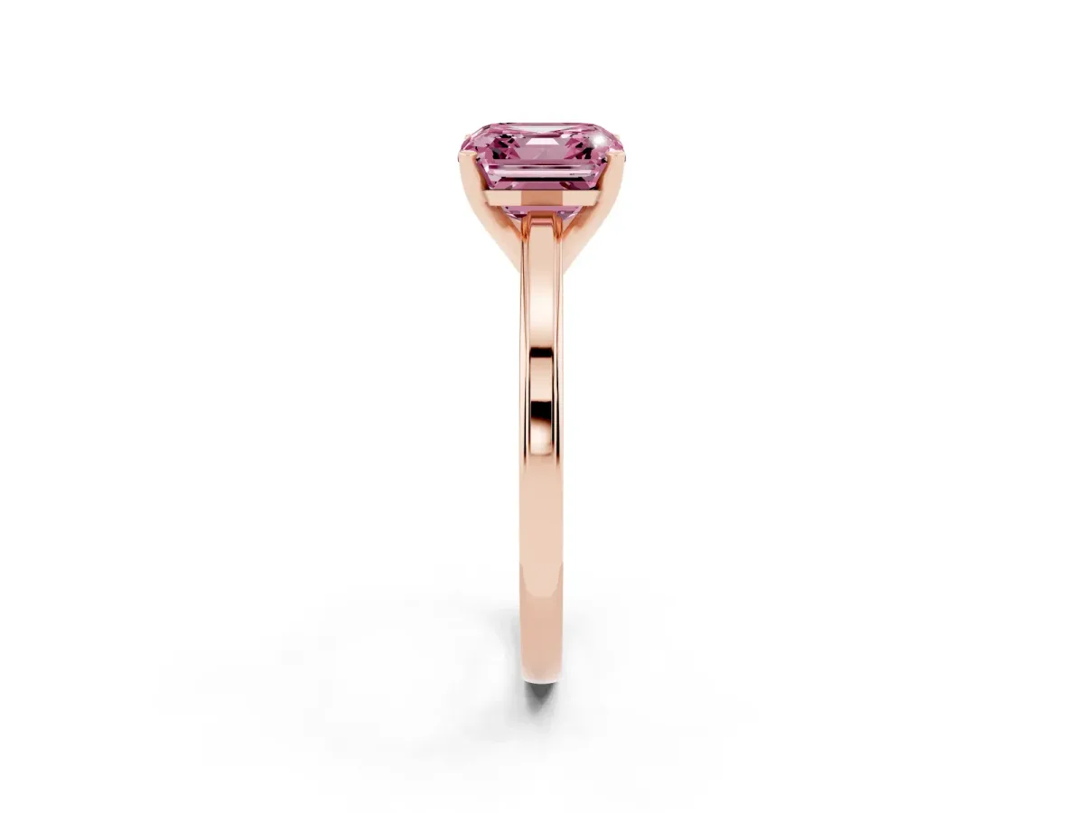 Fancy Pink Asscher Cut Solitaire Diamond Ring with Four-Prong Setting and Classic Band Rose gold