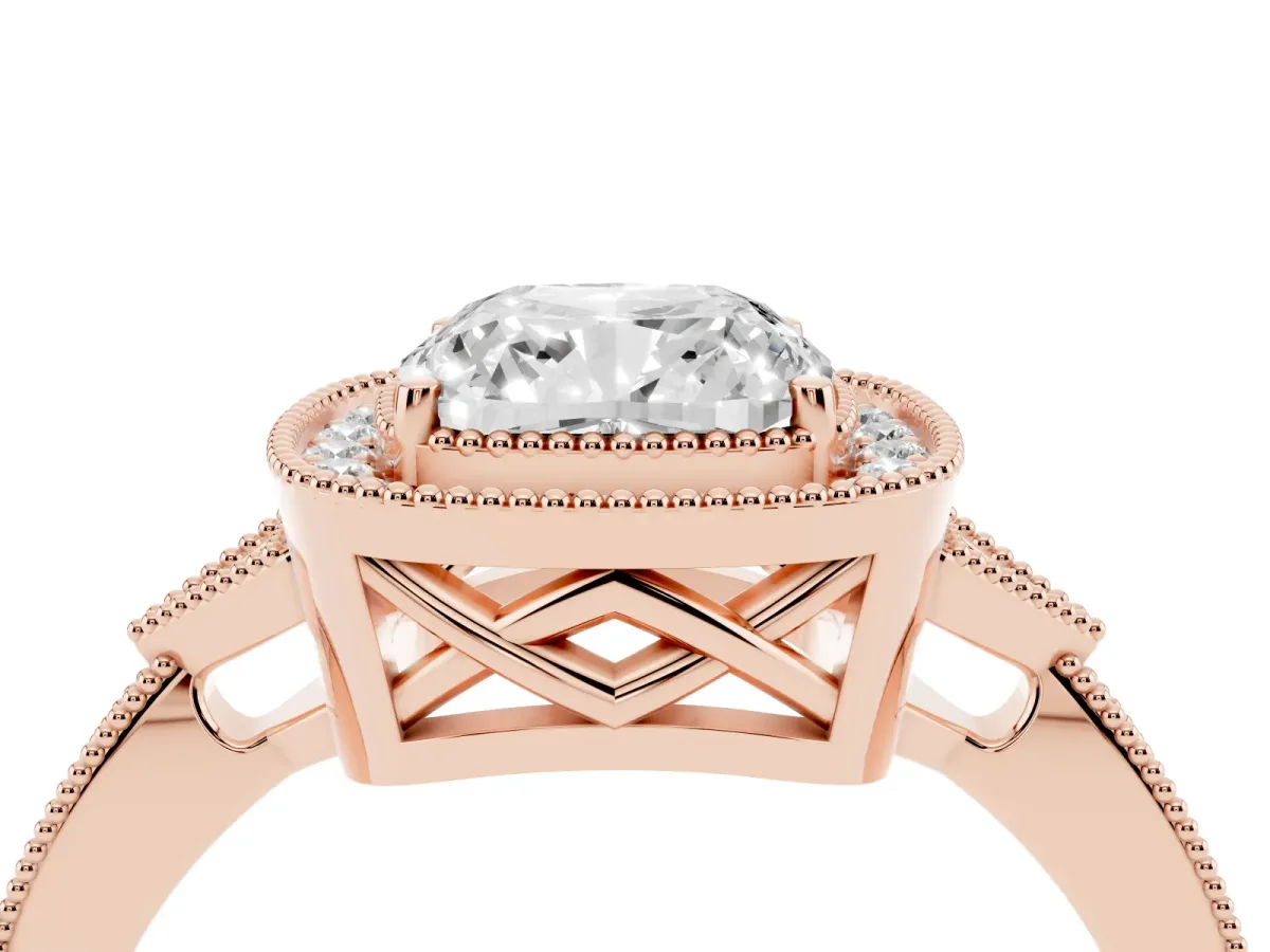 Cushion Cut Halo Round Diamond Milgrain Pave Engagement Ring Rose gold