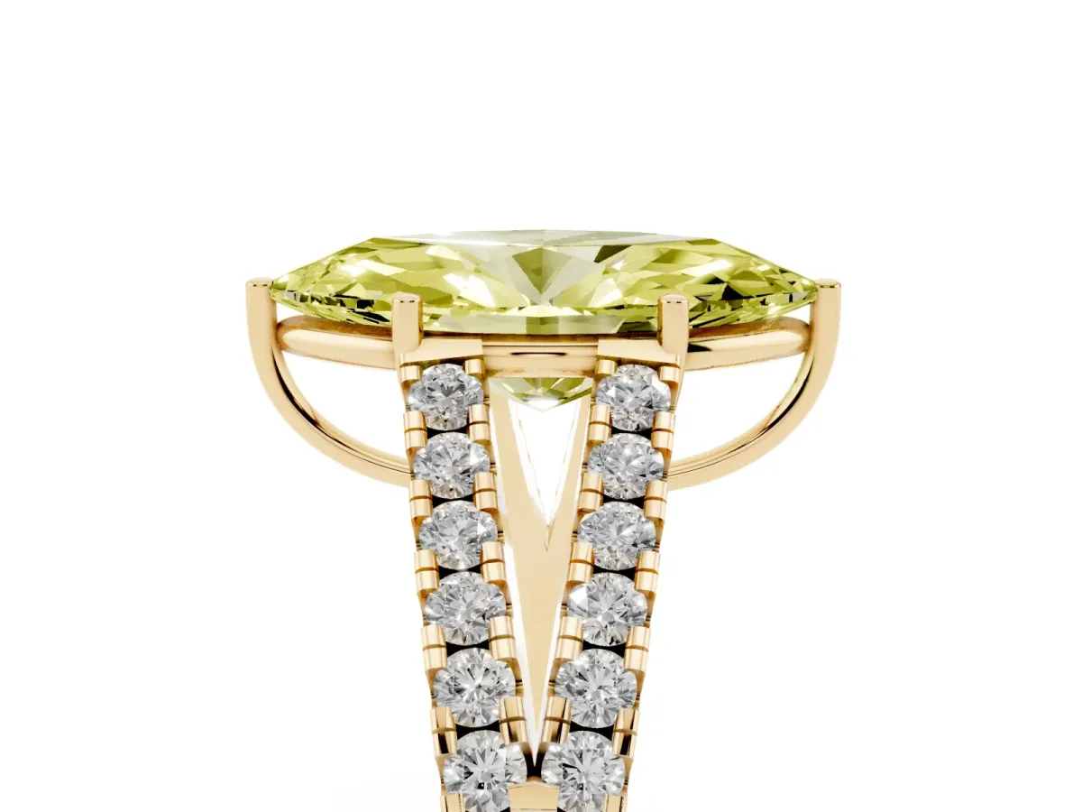 Fancy Yellow Marquise Cut Diamond Split Shank Pavé Engagement Ring with Four-Prong Setting Yellow gold