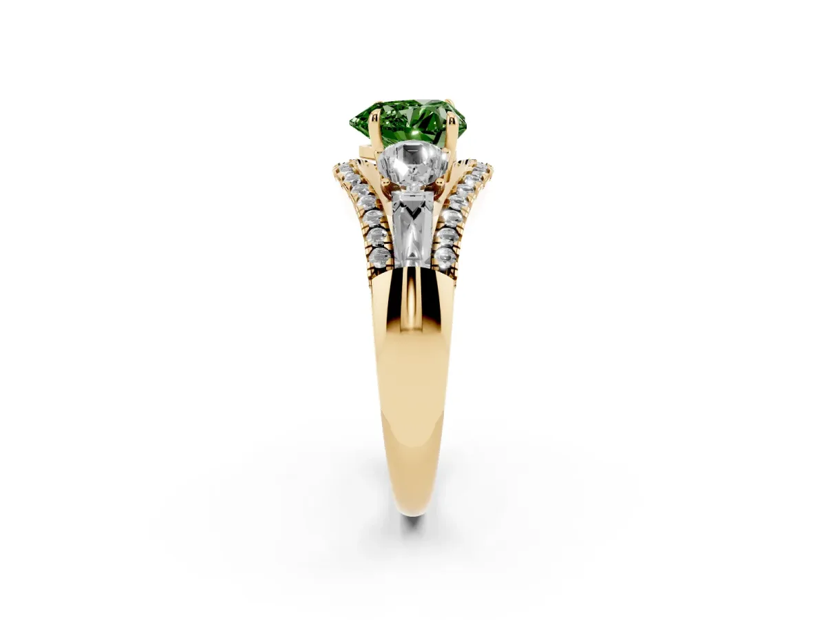 Fancy Green Three-Stone Heart Cut Diamond Engagement Ring with Pave Band and Prong Setting Yellow gold