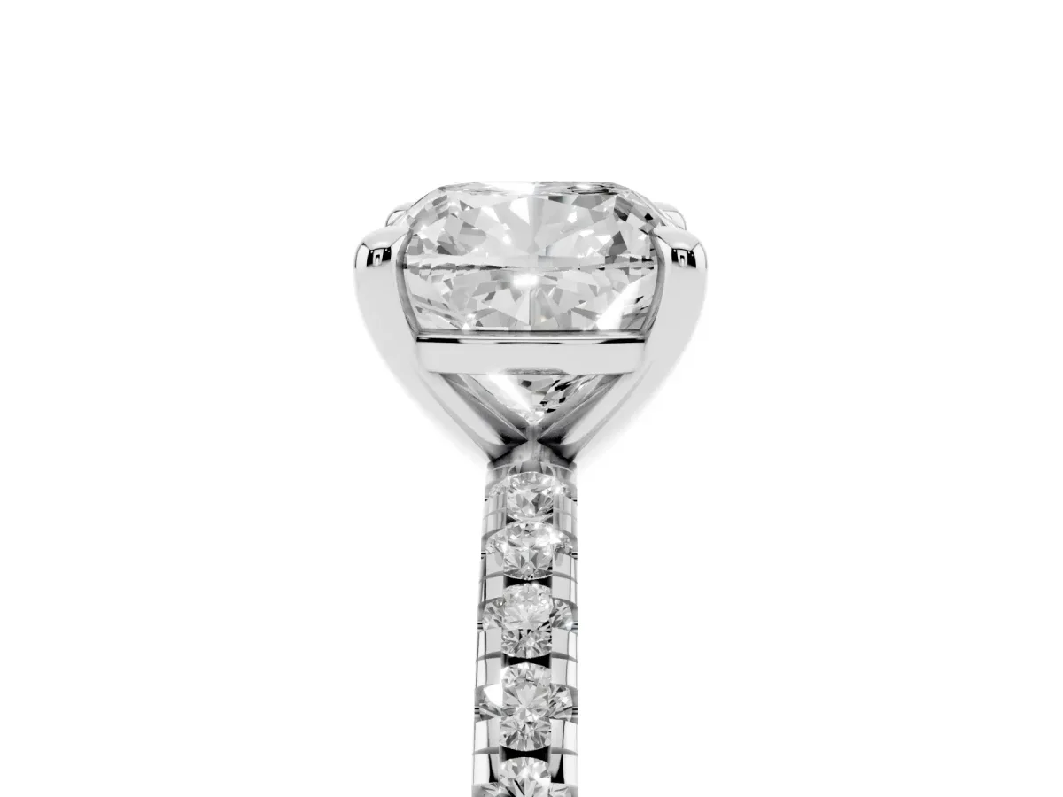 Cushion Cut Diamond Brilliant Solitaire Ring with Pavé Band and Four-Prong Setting Platinum