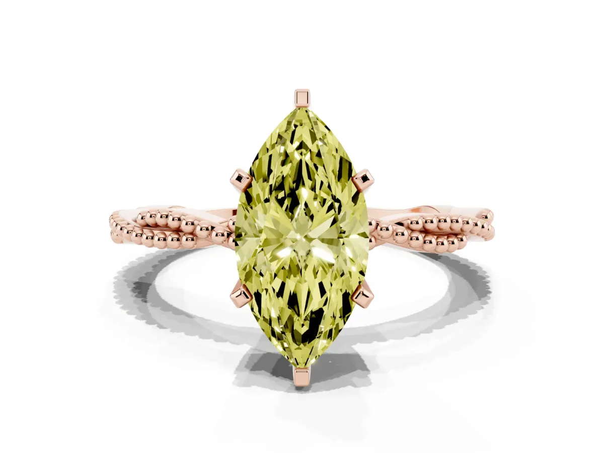 Fancy Yellow Marquise Cut Solitaire Twisted Band with Bead Prong Setting Rose gold