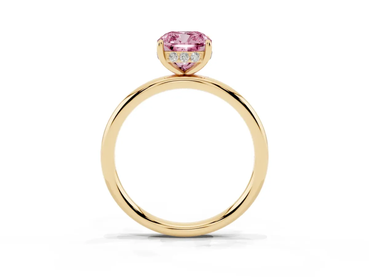 Fancy Pink Cushion Cut Solitaire Diamond Ring with a Classic Band and Four-Prong Setting Yellow gold
