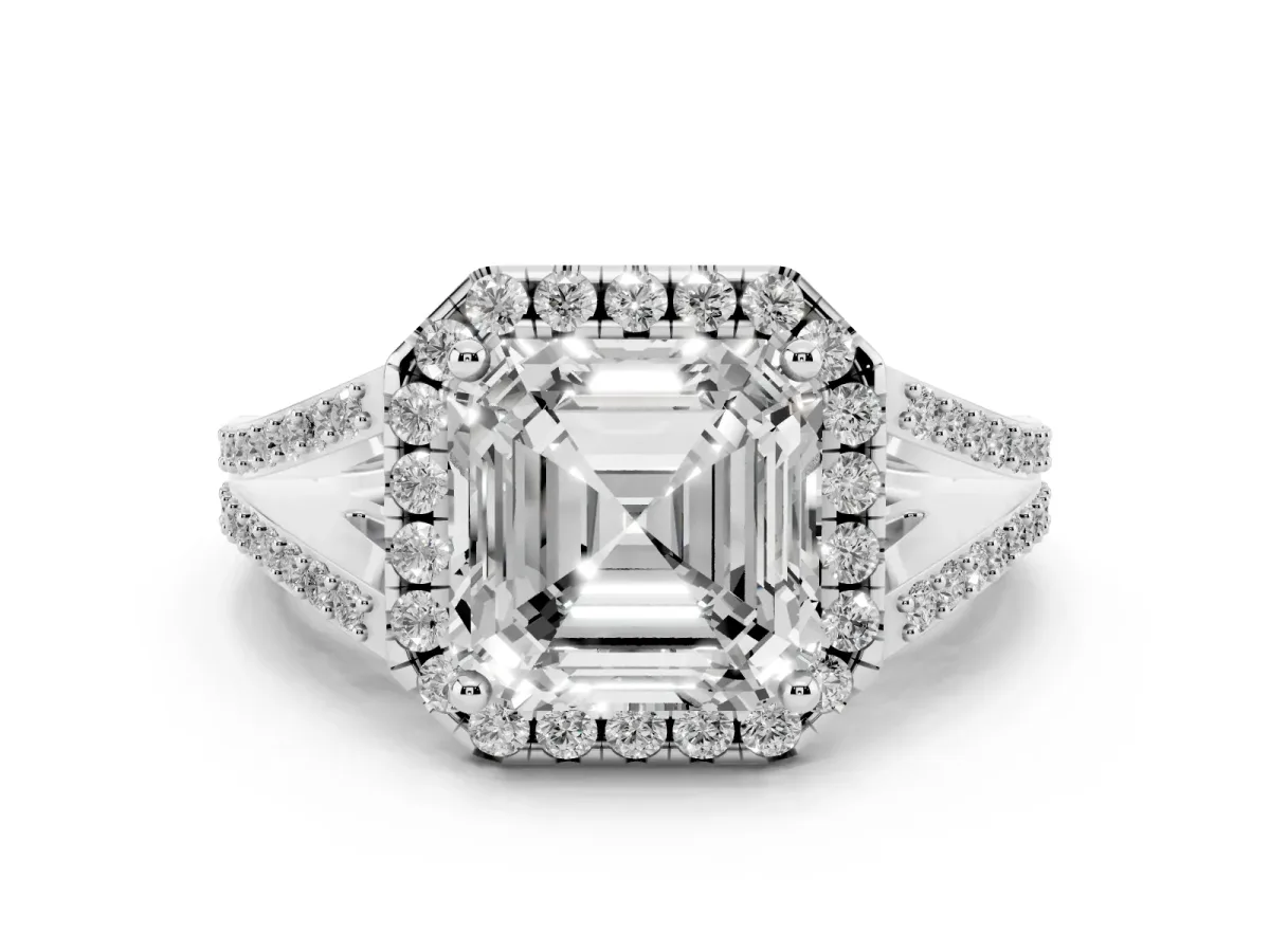 Asscher Cut Halo Split Shank Diamond Ring with Prong Setting Platinum
