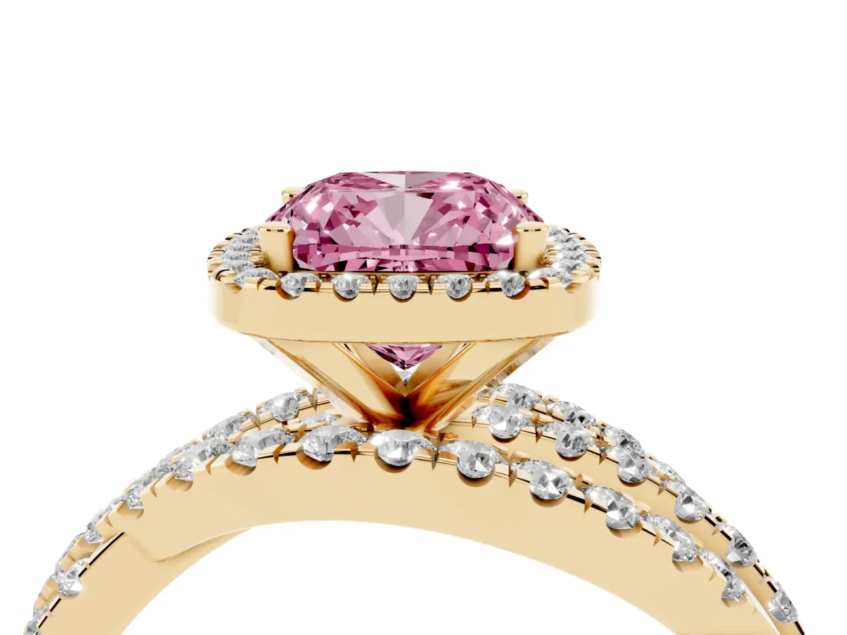 Fancy Pink Cushion Cut Diamond Halo Ring with Round Split Shank and Prong Setting Yellow gold