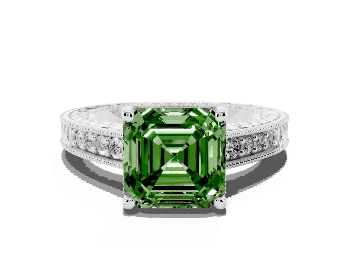 Fancy Green Asscher Cut Solitaire Pavé Diamond Milgrain Engagement Ring with Four-Prong Setting Silver