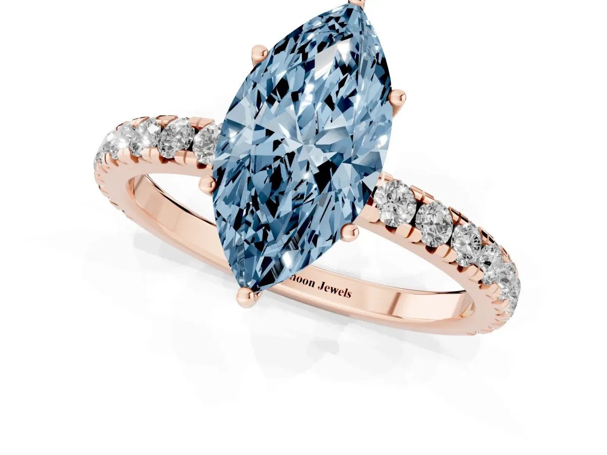 Fancy Blue Marquise Cut Diamond Pavé Solitaire Engagement Ring with Four-Prong Setting Rose gold