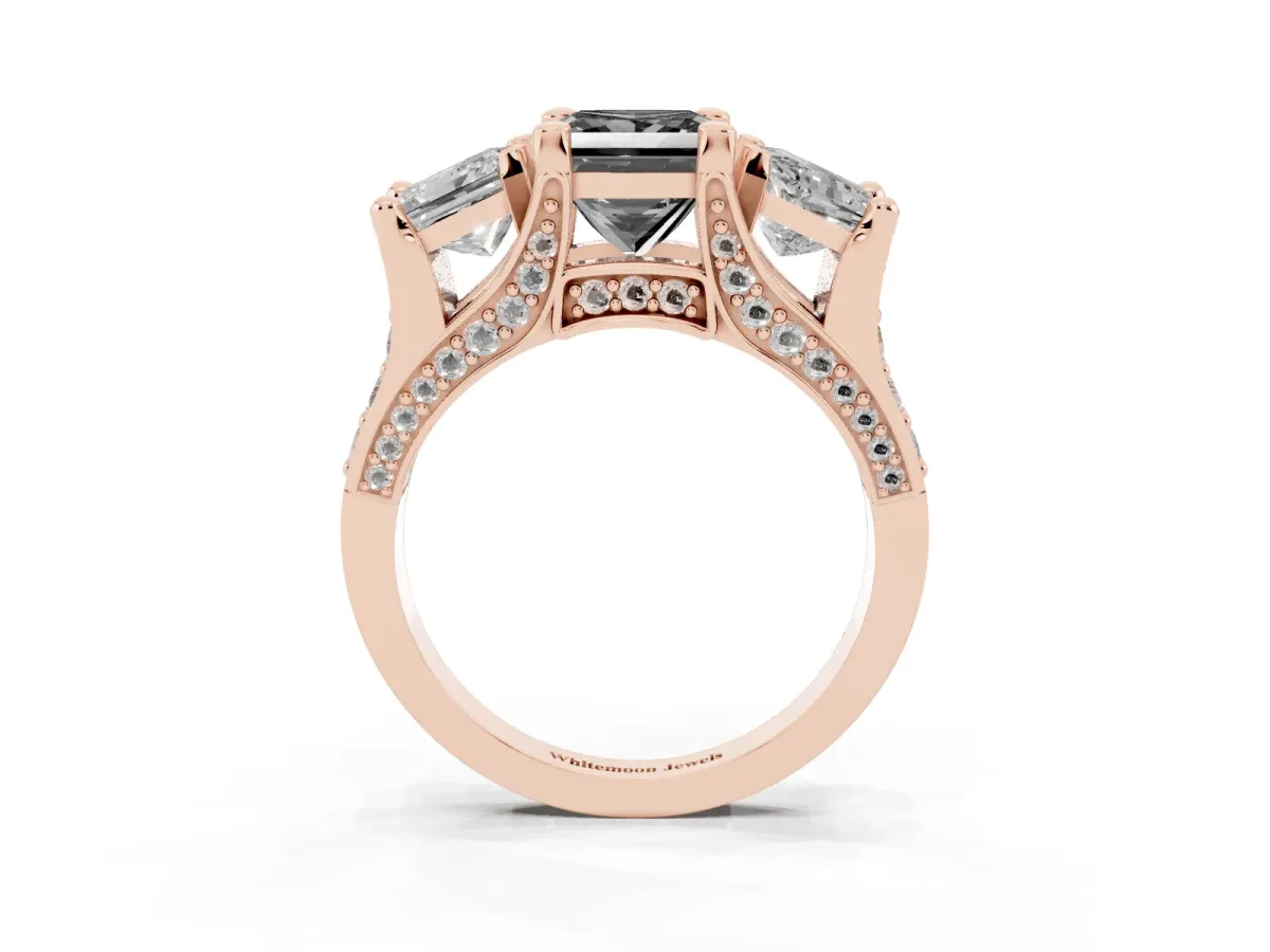 Fancy Black Princess Cut Diamond Three-Stone Ring with Channel Set Band and Four-Prong Setting Rose gold