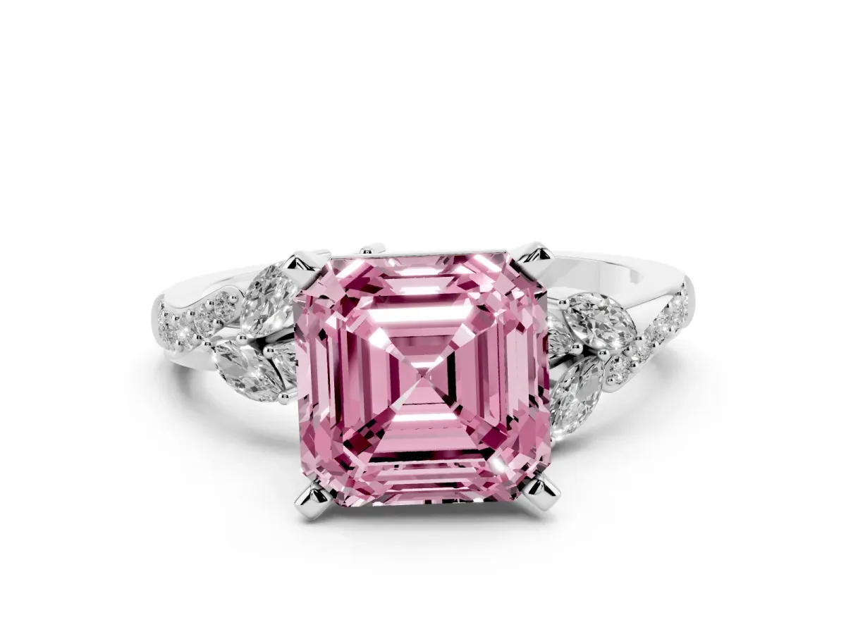 Fancy Pink Asscher Cut Solitaire Marquise Twist Band with Six-Prong Setting White gold