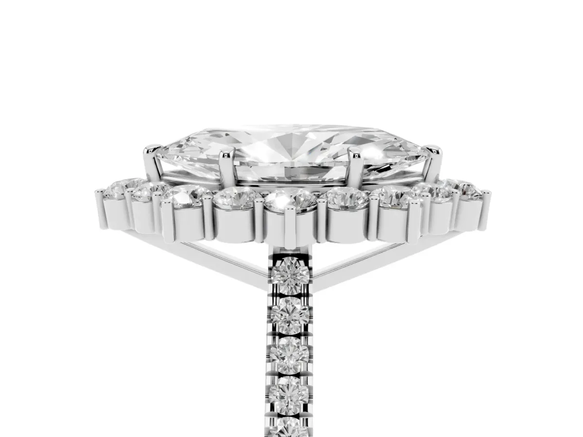 Marquise Cut Halo Diamond Ring with Pavé Band and Prong Setting Platinum