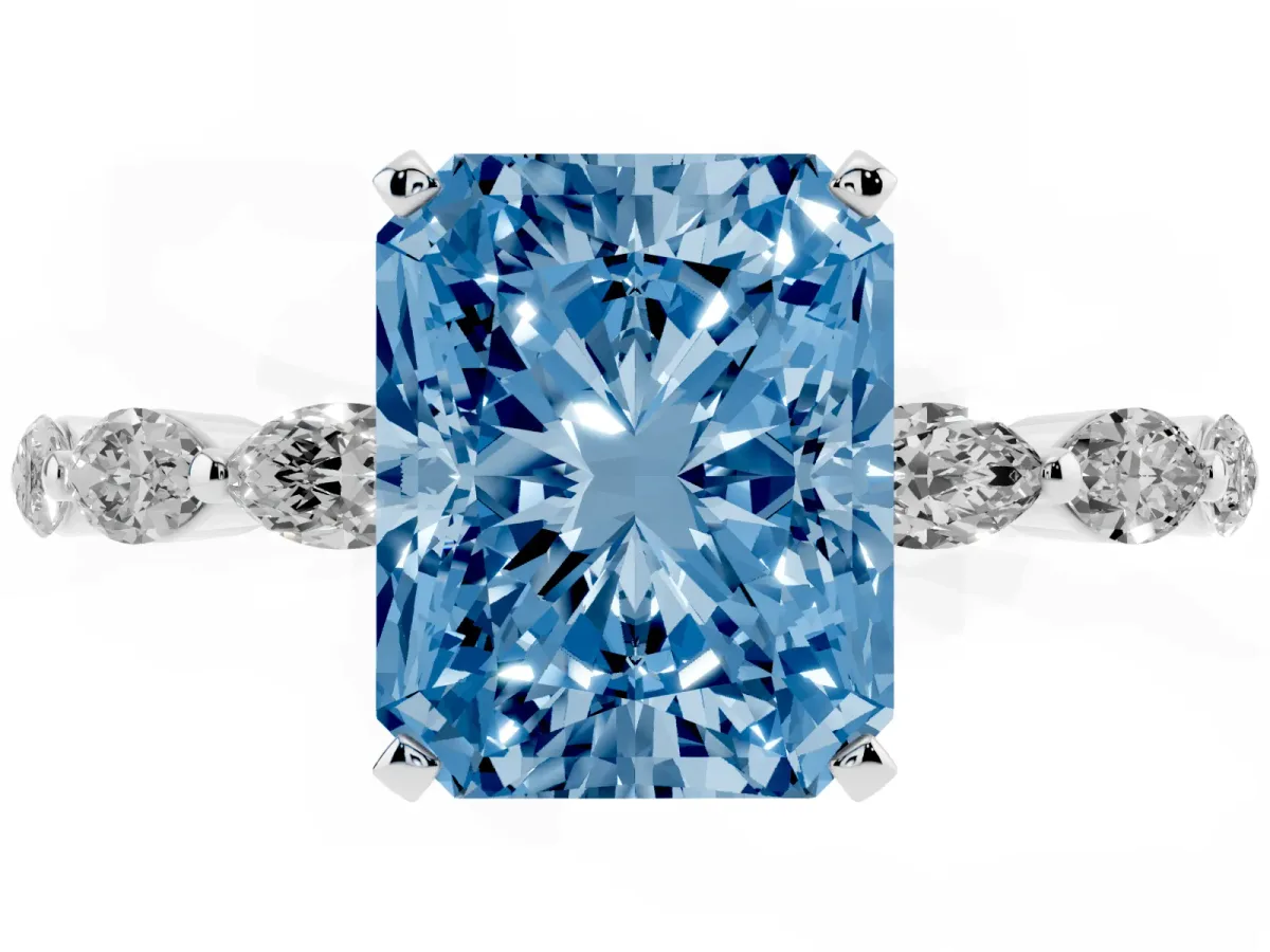 Fancy Blue Radiant Cut Diamond Ring with Marquise Side Stones and Prong Setting Platinum