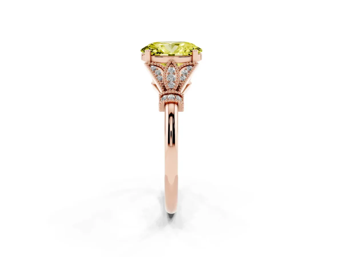 Fancy Yellow Oval Cut Diamond Solitaire Ring with Floral Filigree and Pave Accents Rose gold