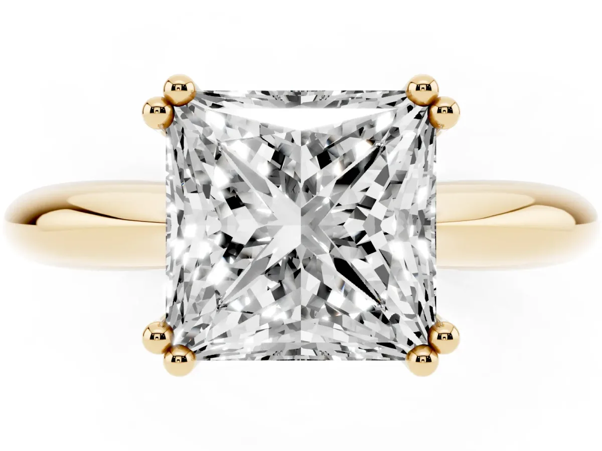 Princess Cut Cut Solitaire Engagement Ring with Tapered Band and Four-Prong Setting Yellow gold