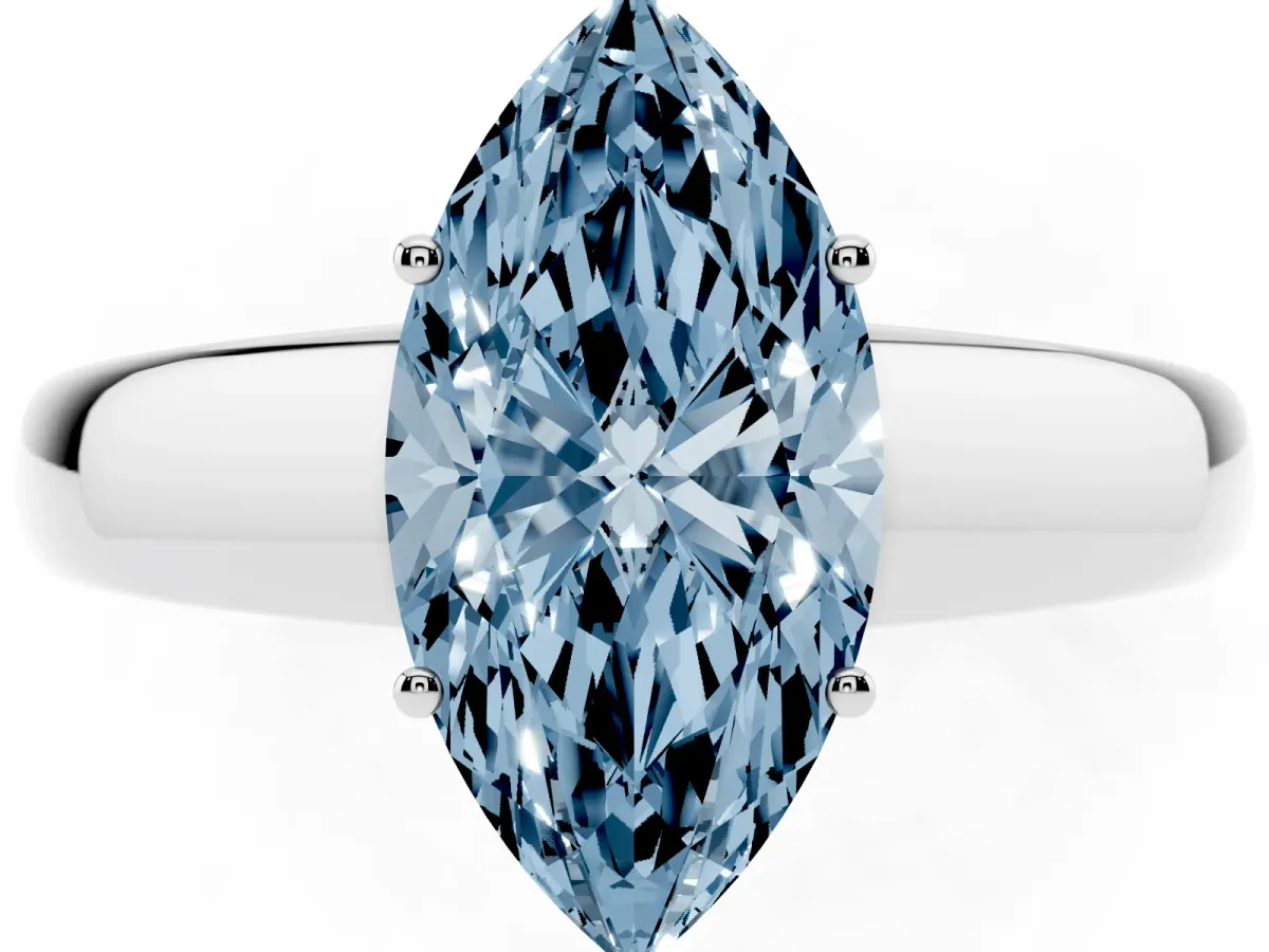 Fancy Blue Marquise Cut Solitaire Diamond Ring with Tapered Band and Four-Prong Setting Platinum