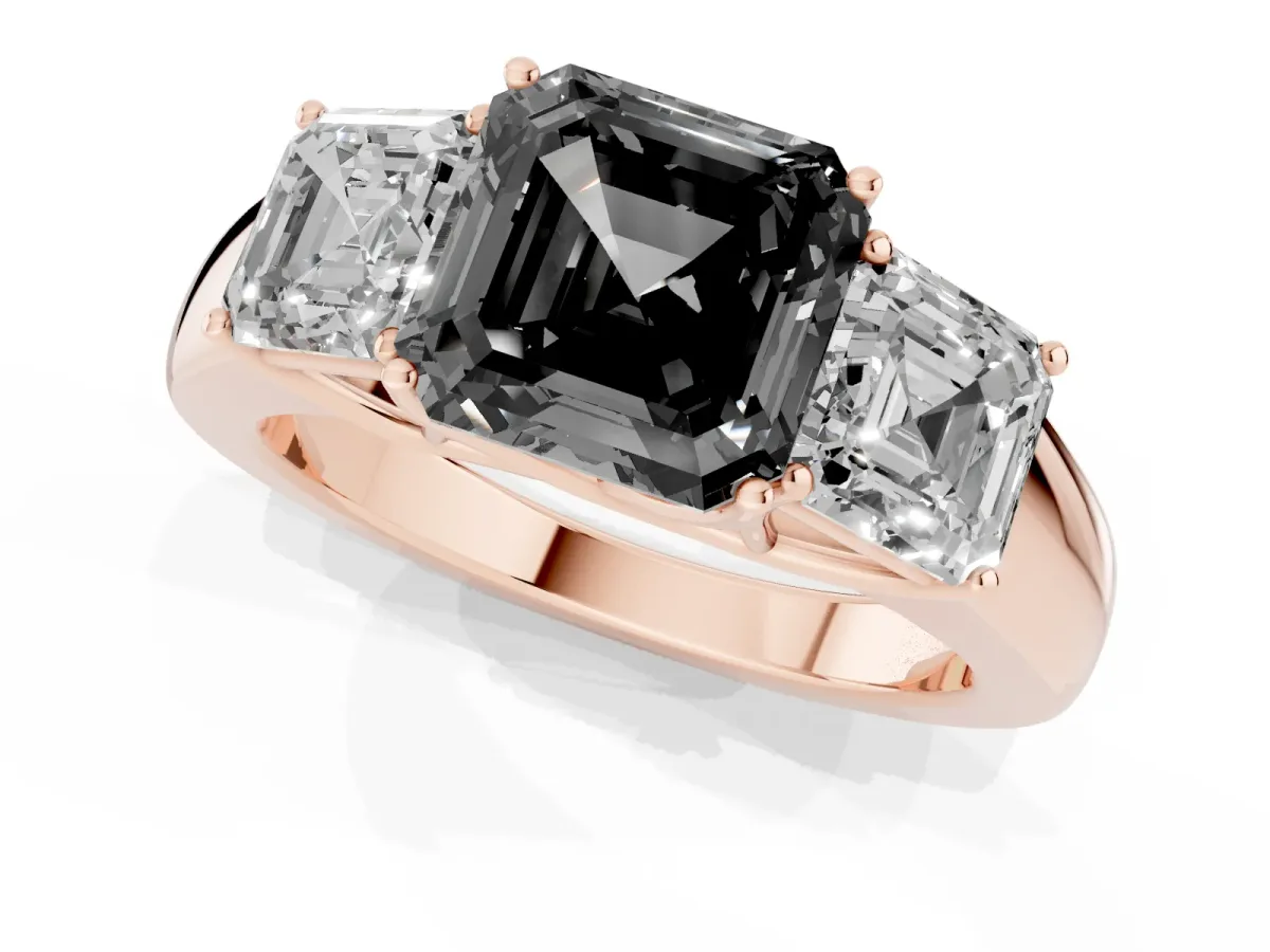 Fancy Black Three-Stone Asscher Cut Cut Diamond Ring with Prong Setting and Classic Band Rose gold