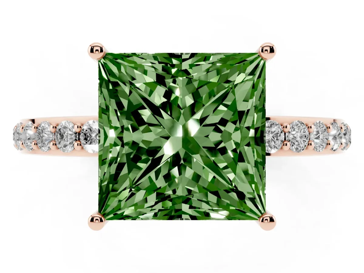 Fancy Green Princess Cut Diamond Solitaire Ring with Pavé Band and Hidden Halo Rose gold