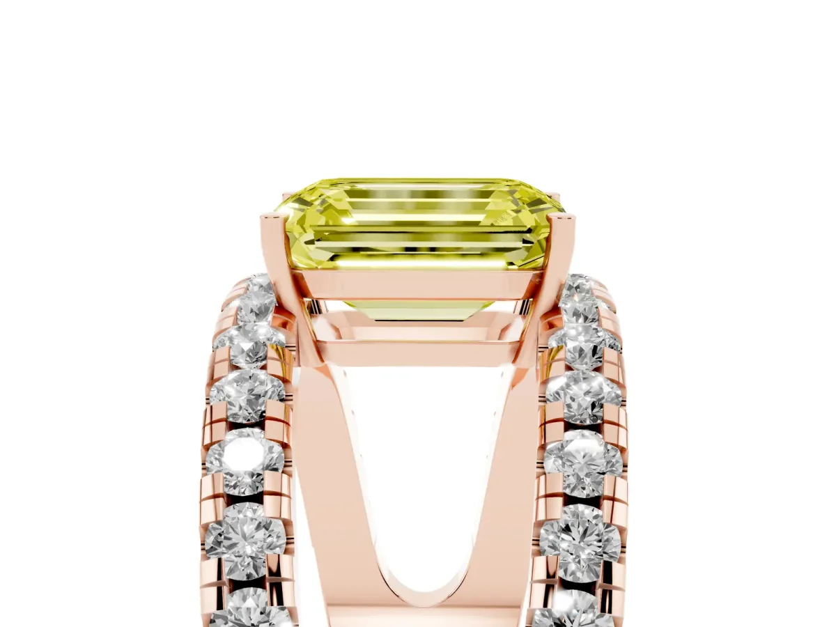 Fancy Yellow Emerald Cut Solitaire Split Shank Pave Diamond Ring Rose gold