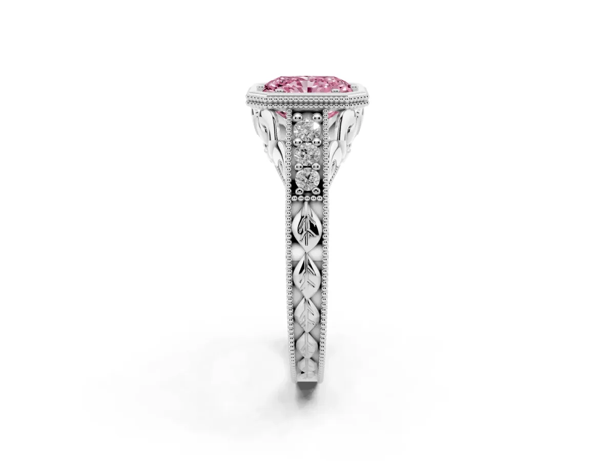 Fancy Pink Bezel Set Radiant Cut Diamond Milgrain Pave Engagement Ring Silver