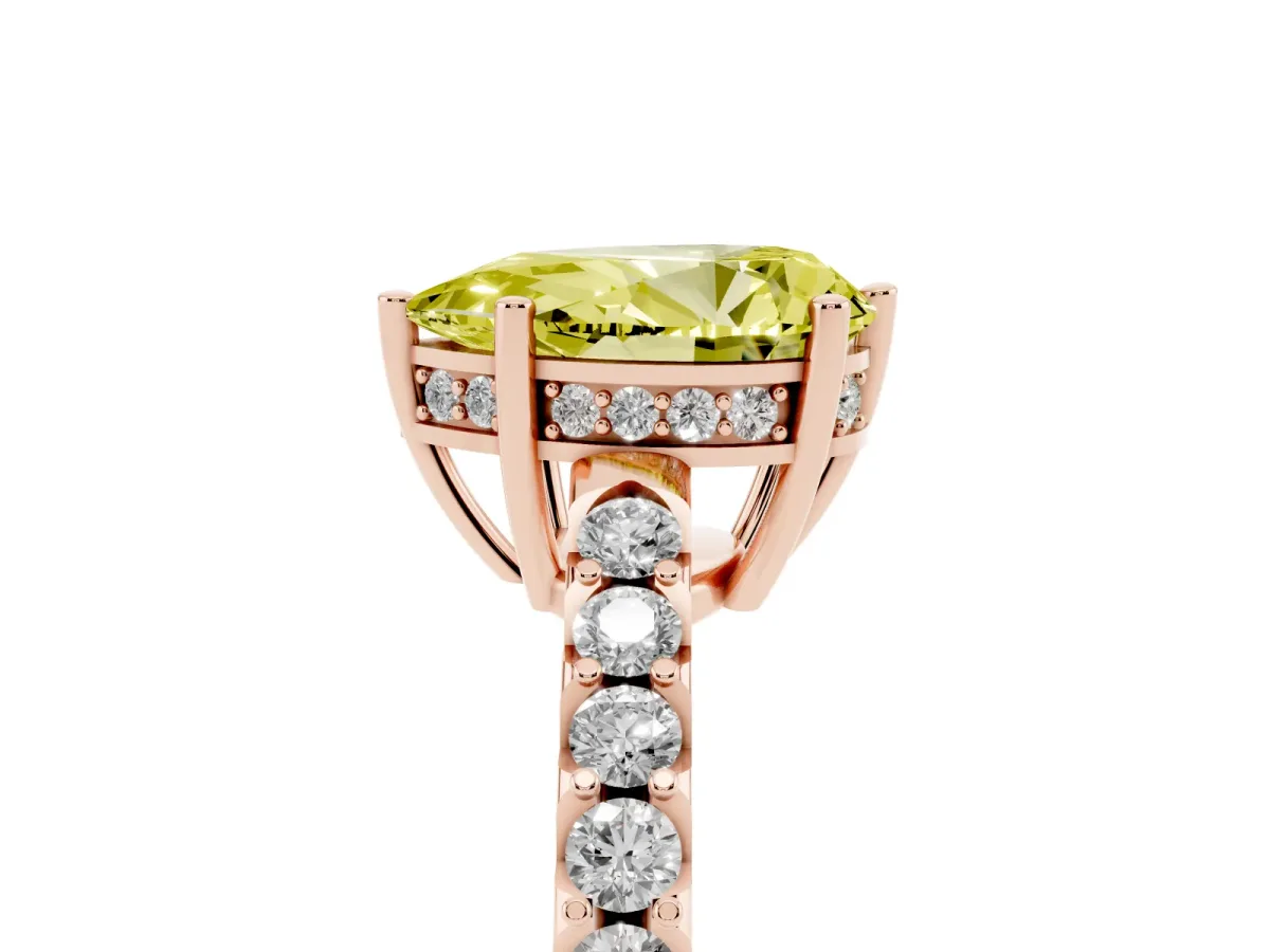Fancy Yellow Pear Cut Solitaire Diamond Engagement Ring with Pavé Band and Six-Prong Setting Rose gold